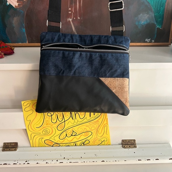 Stylish Denim and Black Crossbody Bag Vegan 9.5"x11" - Picture 2 of 16